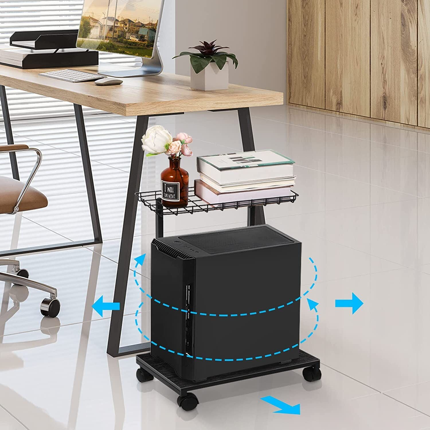 Computer Tower Stand, 2Tier Mobile CPU Tower Stand w/ Wheels & Basket
