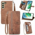 thumbnail image 1 of TECH CIRCLE for Samsung S21 FE 5G Cover, PU Leather Anti-Scratch Card Slots Zipper Pocket Wallet Magnetic Flip Stand Emboss Case Cover with Wrist Strap for Samsung Galaxy S21 FE 6.4 inch, Brown, 1 of 8