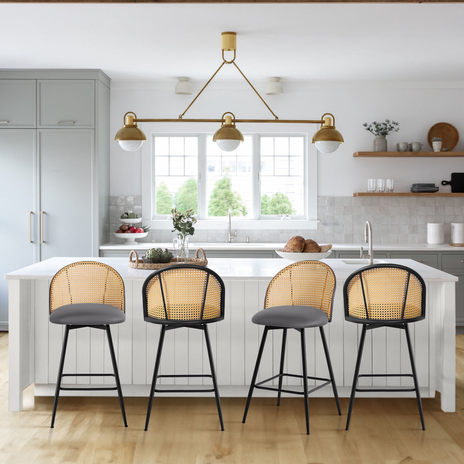 ANMINY Rattan Swivel Bar Stools, 26" Counter Height Set of 4, Upholstered Chairs Barstools with Full Back and Metal Legs Modern PU Fabric Seat for Kitchen Island