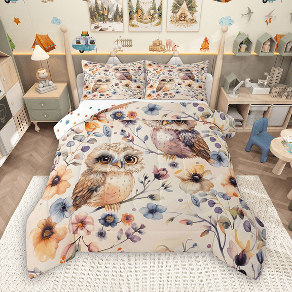 Manfei Watercolor Owl Bedding Comforter Set 2pcs for Kids, Spring Floral Flower Twin Comforter Sets, Cute Animal Bedding Set, Microfiber Bedroom Decor