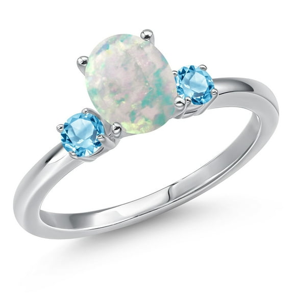 Gem Stone King 14K White Gold Simulated White Opal and Swiss Blue Topaz Engagement Ring for Women | 1.30 Cttw | Oval Cabochon 8X6MM | Gemstone October Birthstone | Size 5