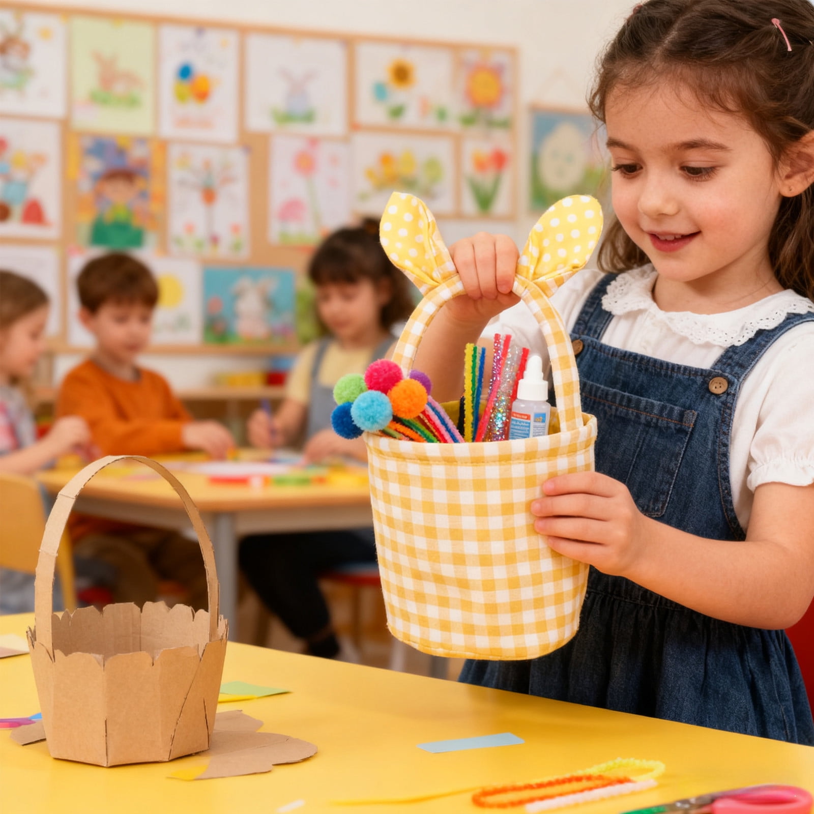 Lunxisen 3 Pcs Easter Bunny Basket Plaid Gingham Easter Buckets with Border Pleat,Cute Easter Basket Tote Easter Eggs Hunt Bag,Easter Decorations,Candy Gifts Storage