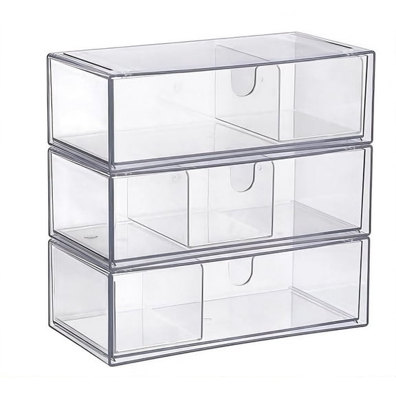 Jademall 3-Pack Stackable Clear Drawer Organizers, 8" x 4" x 2.8" PET Boxes with Adjustable Dividers, Pull-Out Organizer for Makeup, Stationery & Bathroom