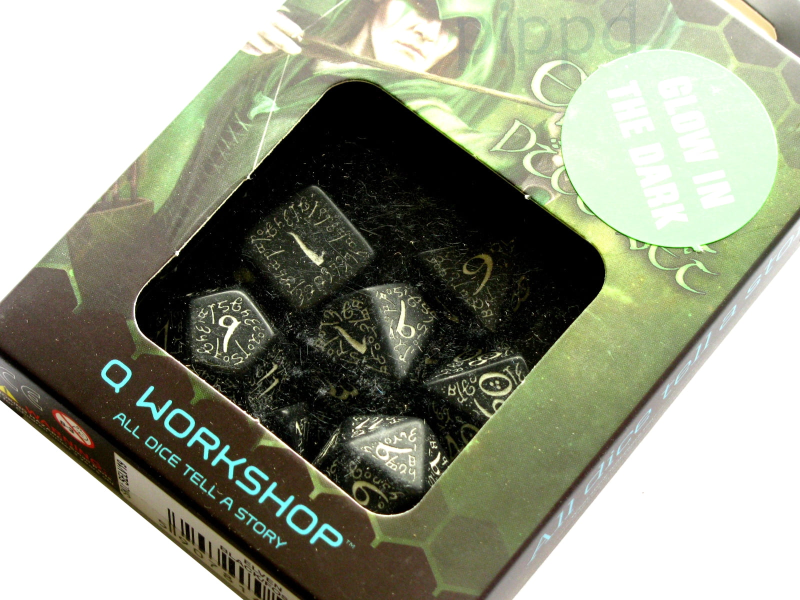 Q-Workshop Polyhedral 7-Die Set: GLOW IN DARK Carved Elvish Dice