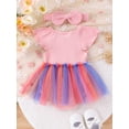 thumbnail image 3 of Bslissey Baby Girls Summer 2Pcs Outfits Ribbed Short Sleeve Gradient Tulle Skirt Hem Jumpsuit Newborn Infant Cute A-line Dress with Bow Headband 3M 6M 9M 12M 18M, 3 of 7