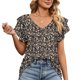 thumbnail image 1 of Mujeres V cuello camisetas verano elegante impresión doble volantes suelta mujeres manga corta casual verano tops N ° 2 flor XL, 1 of 6