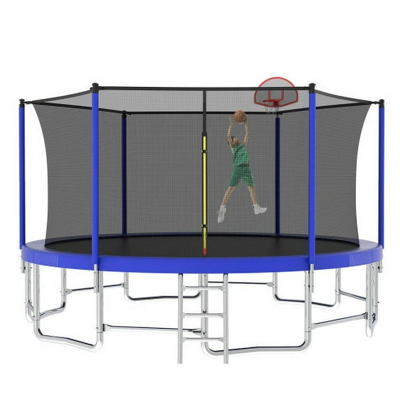 16FT Trampoline for Kids and Adults,Outdoor Large Recreational Trampoline with Ladder and Basketball Hoop,Blue