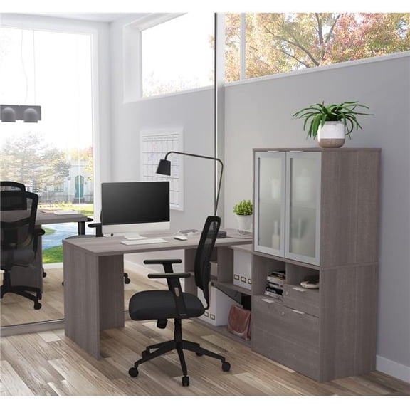 Bestar i3 Plus L Shape Computer Desk with Hutch in Bark Gray
