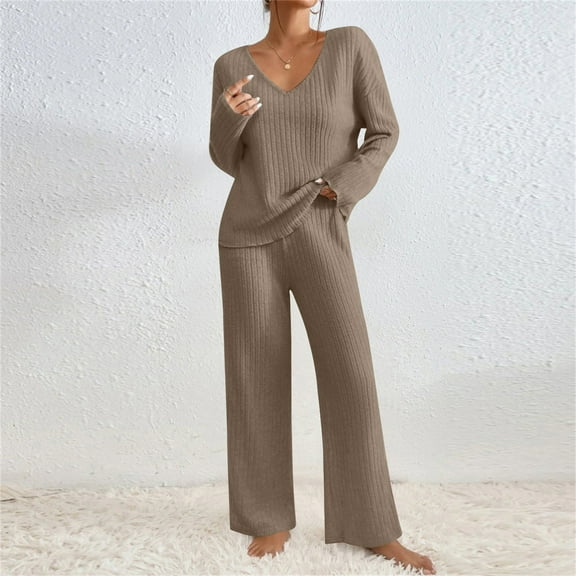 2 Piece Sweater Sets For Women V Neck Long Sleeve Knit Sweater Wide Leg Pants Sweatsuit Fall Lounge Wear Brown L
