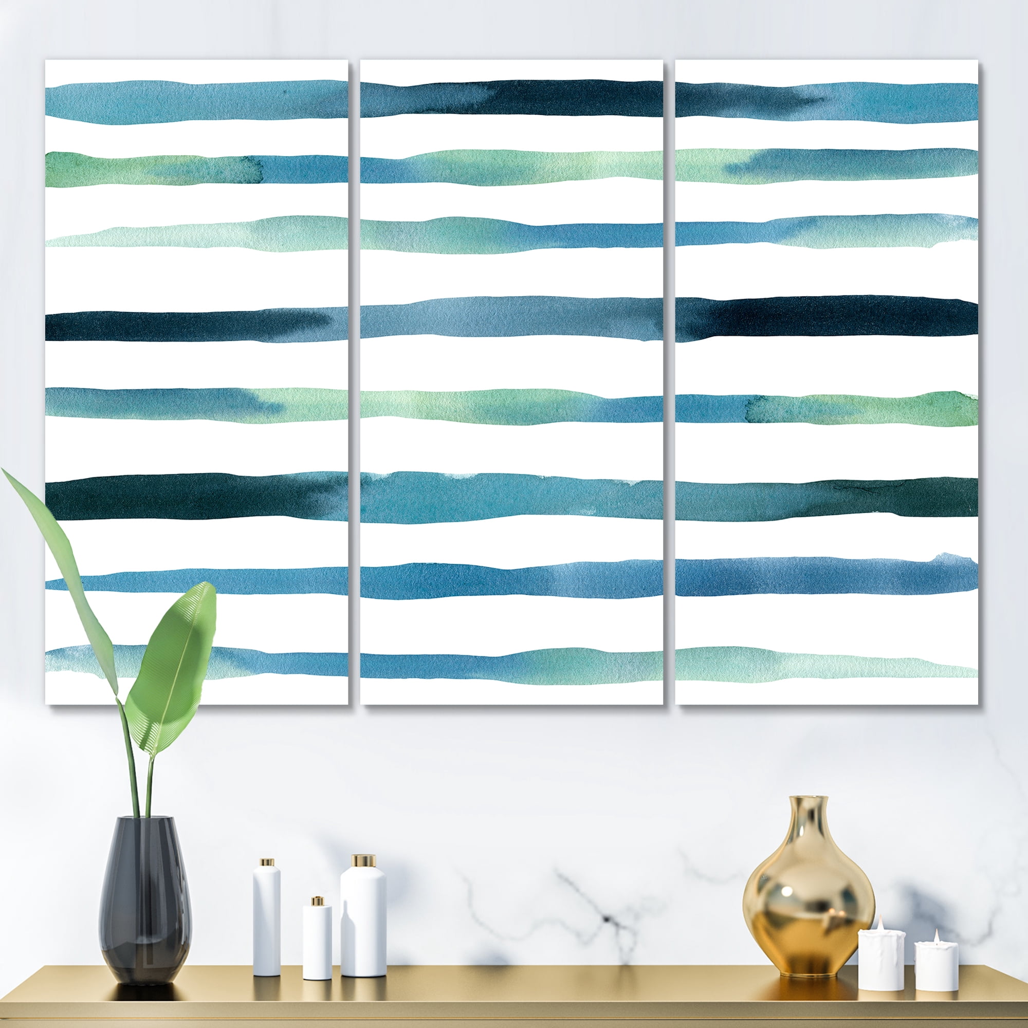 Dark Blue Verticals Aquatic 28 in x 36 in Painting Canvas Art Print, by Designart