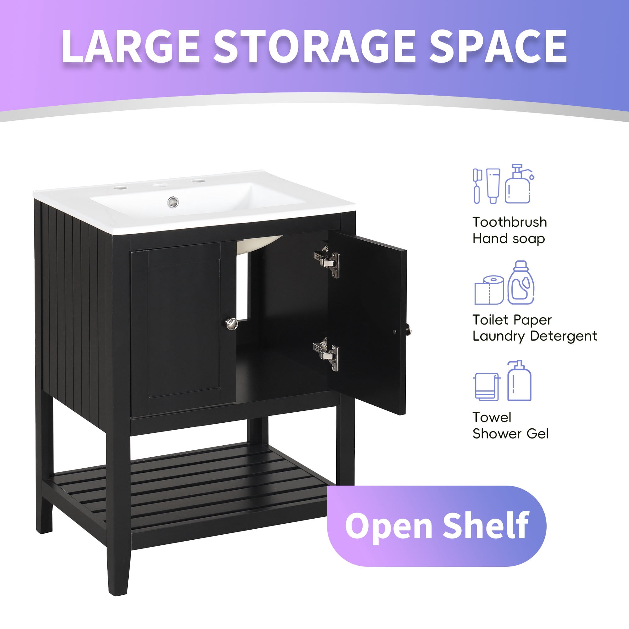PORKISS 24" Bathroom Vanity with Ceramic Sink, Wood Bathroom Cabinet Vanity with Doors and Open Shelf, Freestanding Bathroom Storage Cabinet with Solid Wood Frame, Black