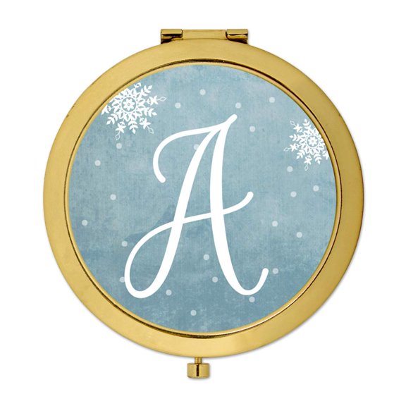Koyal Wholesale Gold Compact Mirror Bridesmaid's Wedding Gift, Blue Winter Snowflakes, Monogram Letter A, 1-Pack