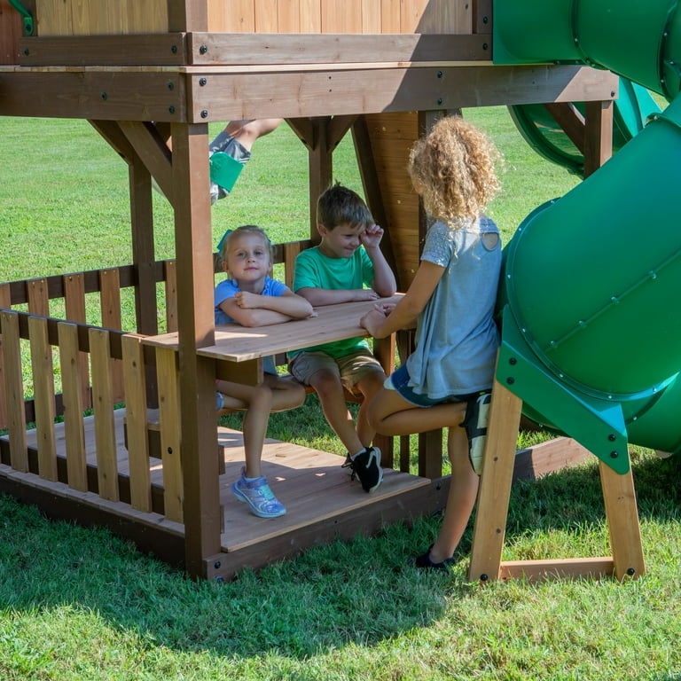 Backyard Discovery Skyfort Kids Playhouse with Tube Slide Swing