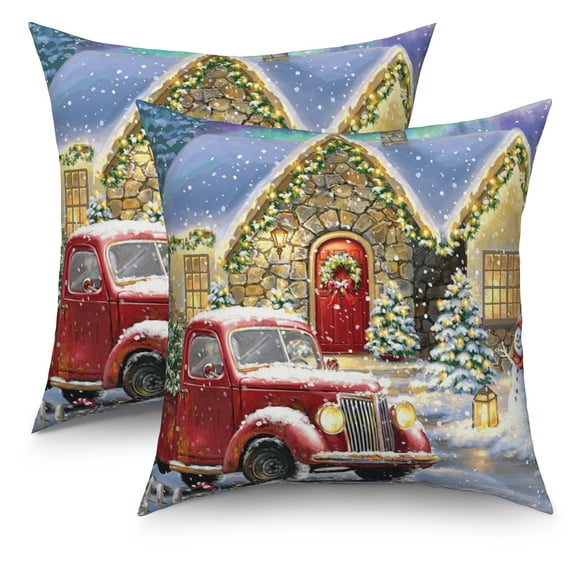 Red Truck Christmas Throw Pillow Covers 18x18 Set of 2,Xmas Tree Linen Pillow Cases for Sofa Couch Bedroom Decor