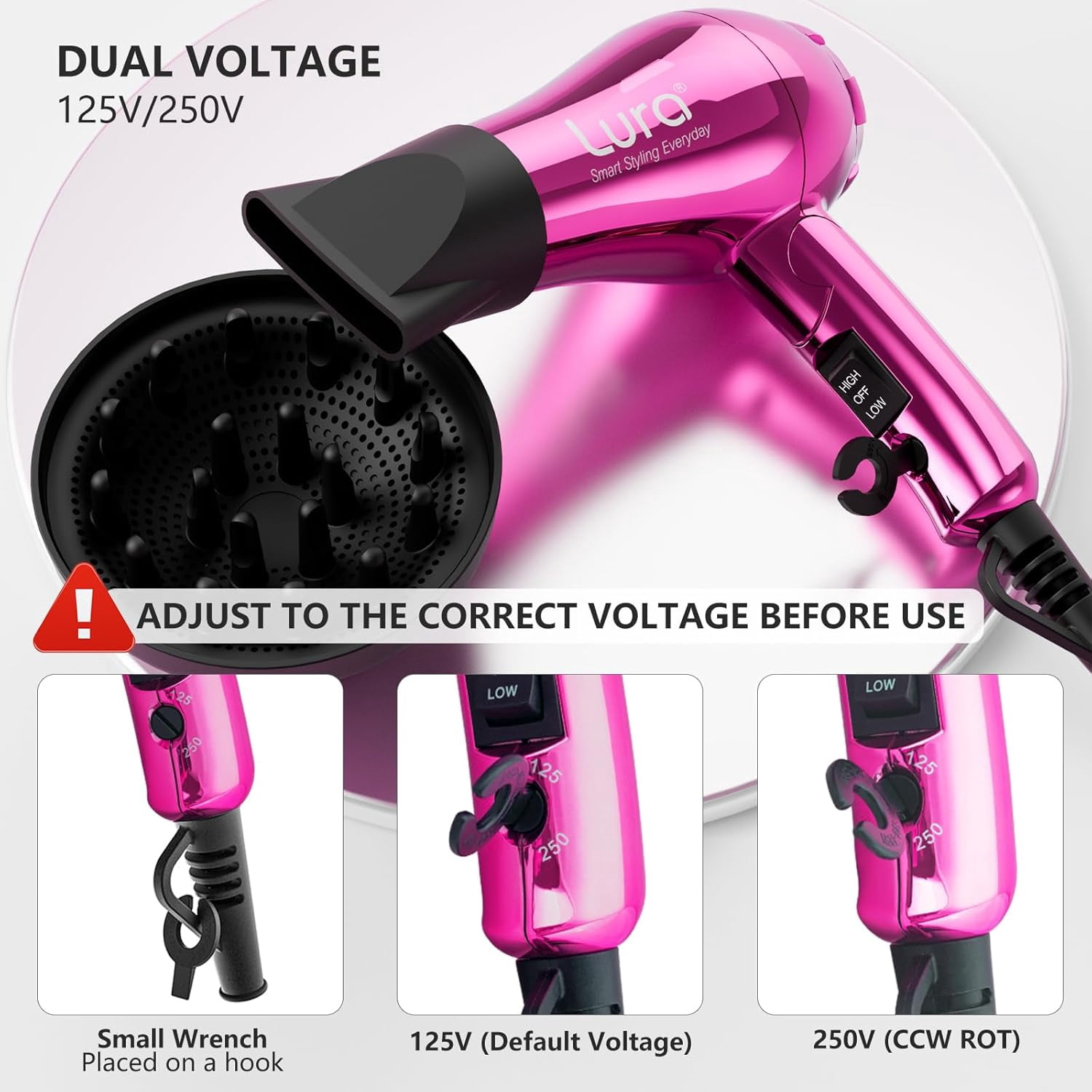 LURA Portable Travel Hair Dryer Dual Voltage Small Lightweight Foldable Blow Dryer with EU Plug,1200W Compact Hairdryer with Concentrator&Diffuser