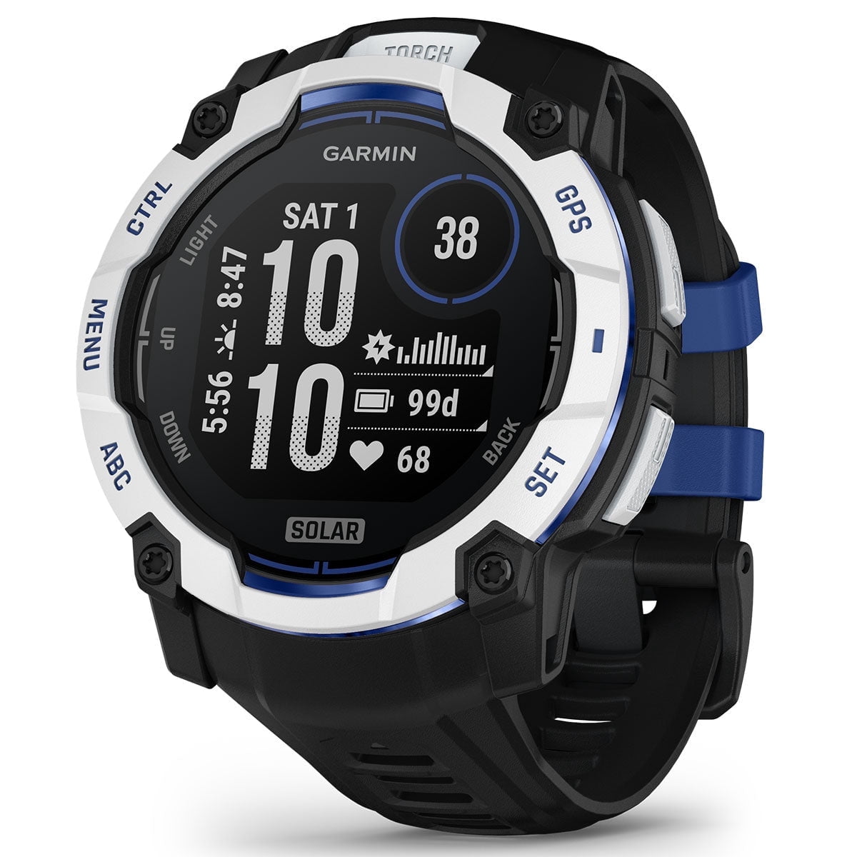 Garmin Instinct 3 Solar (Whitestone/Bolt Blue, 50mm) Rugged Outdoor GPS Smartwatch Bundle with PlayBetter Portable Charger & HD Screen Protectors
