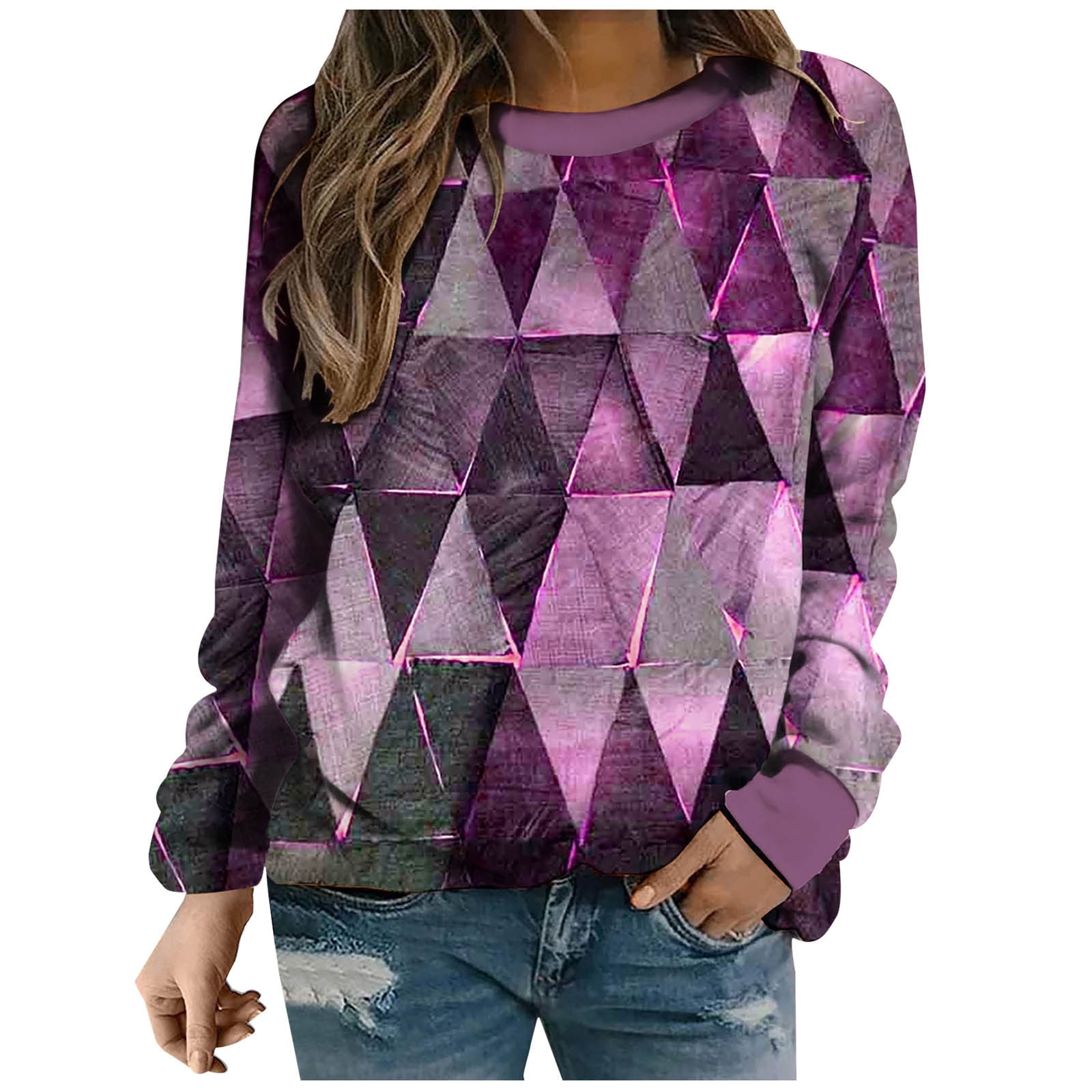 JWZUY Womens Crew Neck Color Block Sweatshirts Tops Long Sleeve Pullover  Cute Casual Loose Tops Purple#04 M