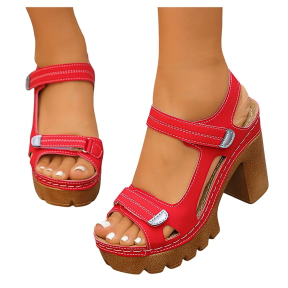 Women's Heeled Sandals Peep Toe Hook and Loop Summer Slingback Heels Platform Lug Sole Comfy Arch Support Casual Beach Shoes Red Size 9