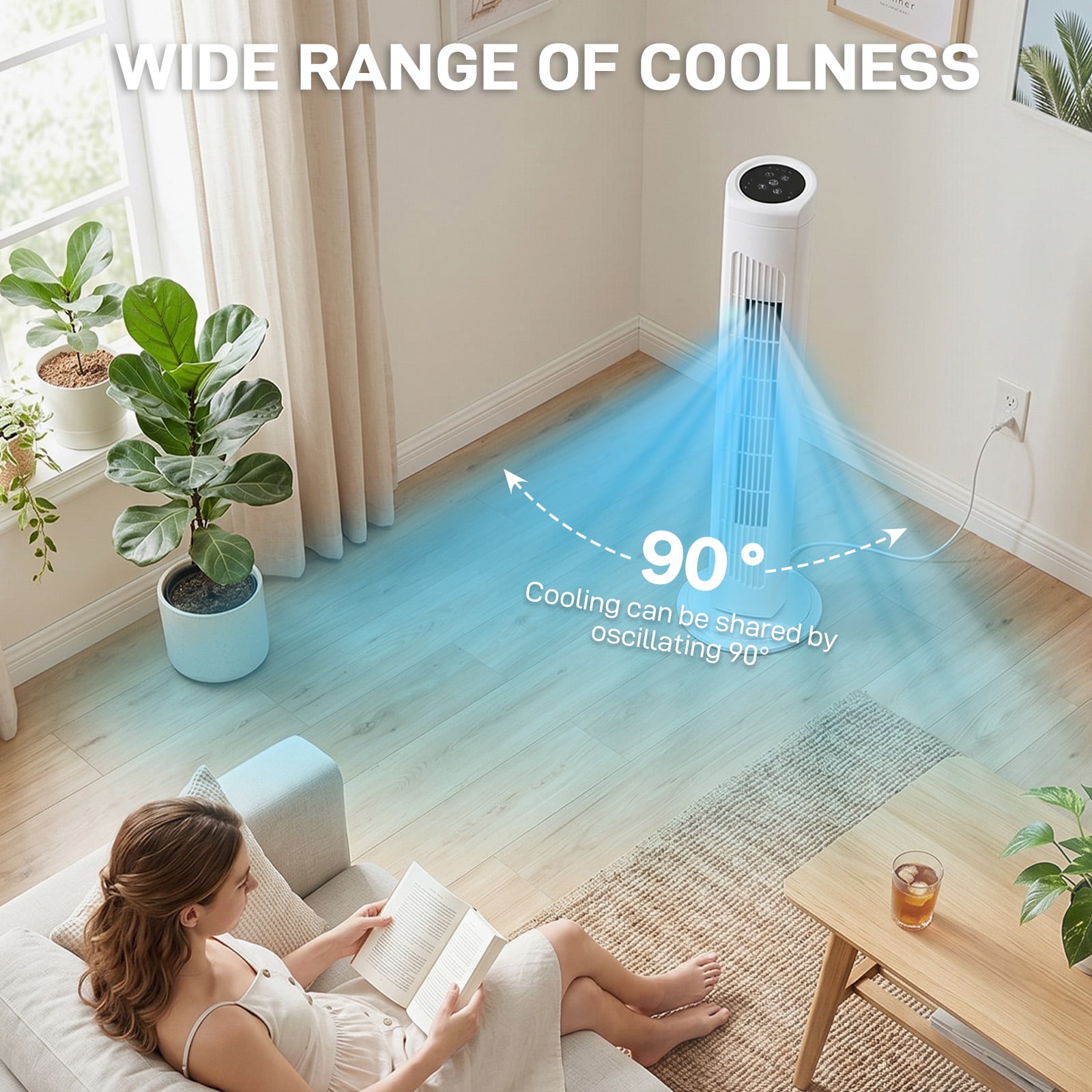 Tower Fan, 110V 45W, 32 Inch, Column Shape, White Plastic Body, Copper Motor, Touch & Remote Control, 3 Speeds, 3 Modes, Oscillating Function, 7.5-Hour Timer