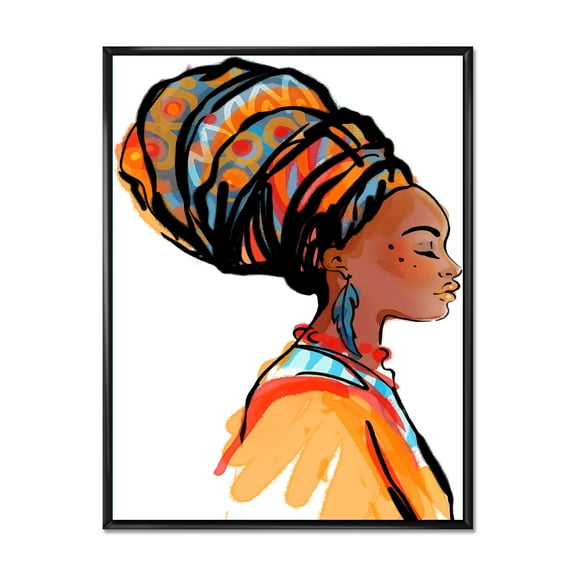 Designart 'Afro American Woman with Turban I' Modern Framed Canvas Wall Art Print