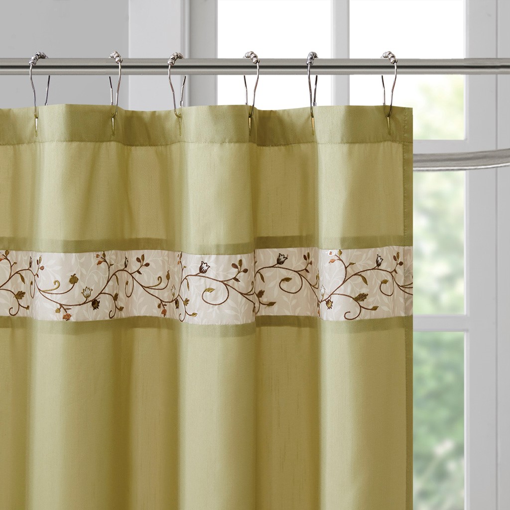 MAYEERTY Faux Silk Embroidered Floral Shower Curtain, Machine-Washable