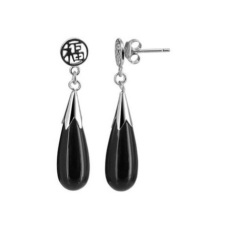 Gem Avenue 925 Silver Teardrop Black Onyx Chinese Good Luck Dangle Earrings with Post
