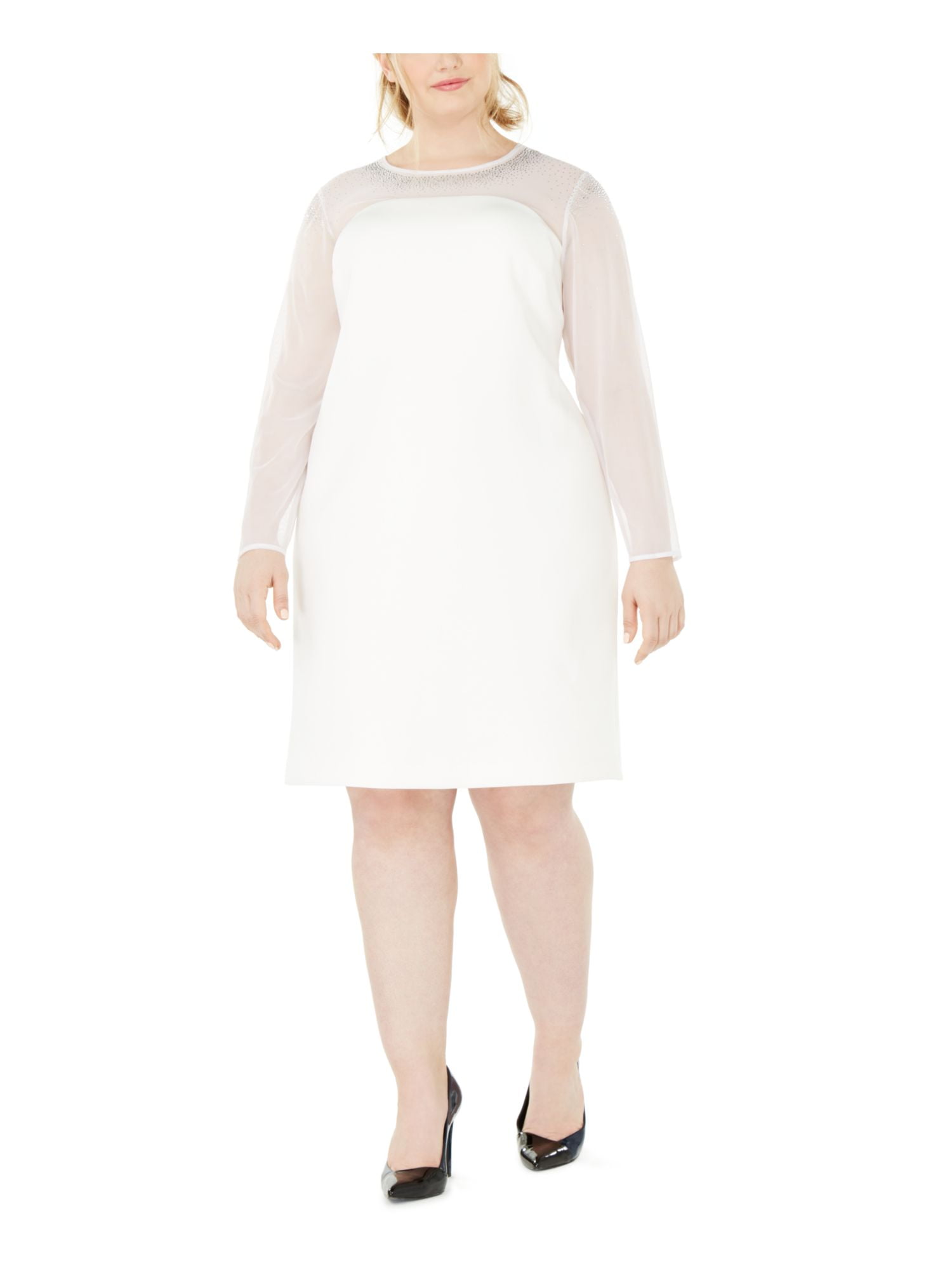 CALVIN KLEIN Womens White Long Sleeve Above The Knee Shift Dress Plus 16W -  
