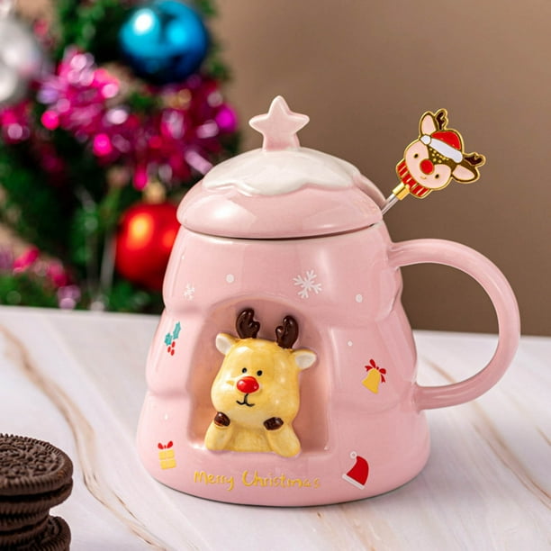 Taza de Cerámica Navideña, Juego de Cuchara y Tapa, Gran Capacidad 400 Ml, Estilo Retro, Fácil de Limpiar, Uso Doméstico, Decoración Navideña, Tamaño 10 X 7,7 X 7,7 Cm.