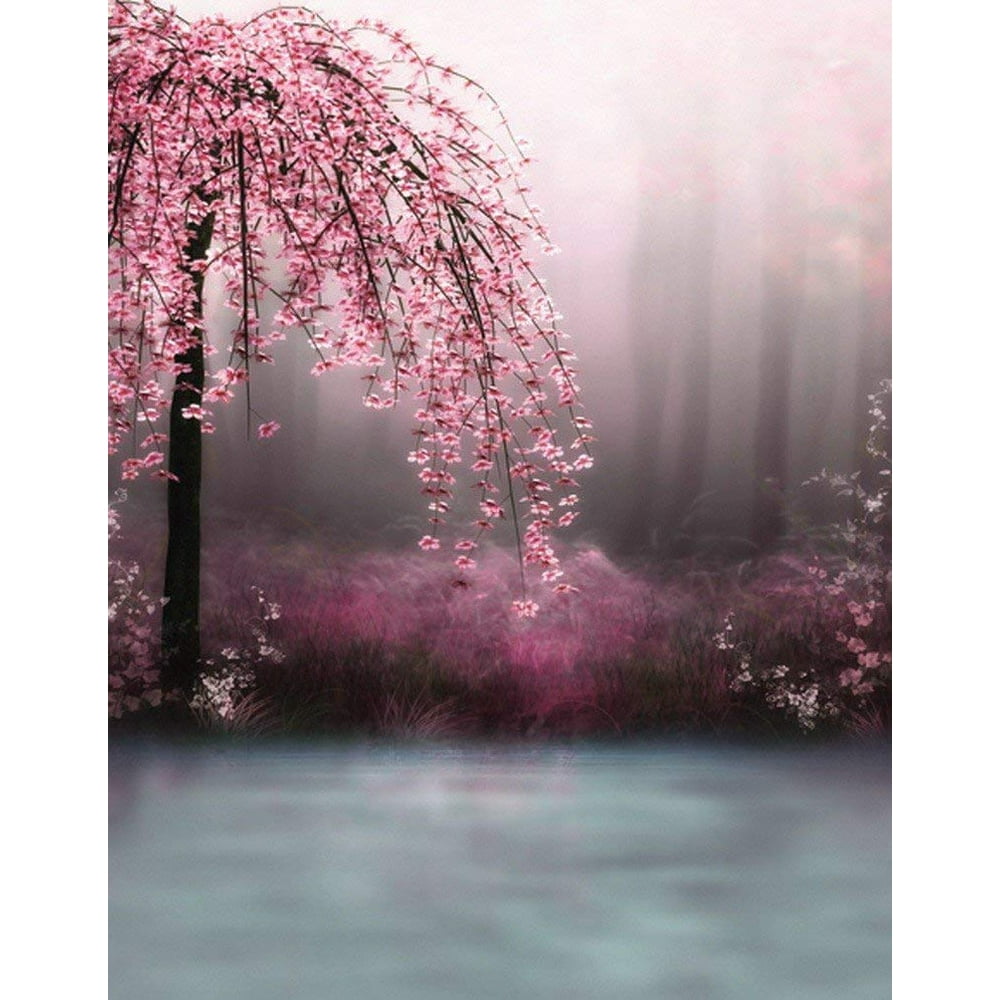 ABPHOTO Polyester Pink Romantic Cherry Blossoms Flowers Trees Street ...