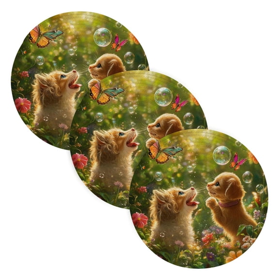 BZSMCE Mats for Pots,Pans Place Kitten and Puppy with Butterflies Simple Style Pattern Pot Mats