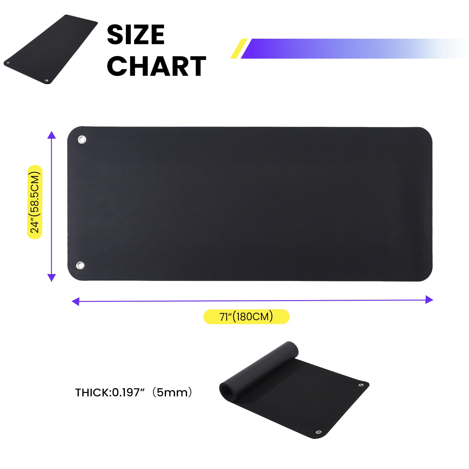 MAROUTE Commercial Grade Hanging Exercise Mat – Durable 5mm Thick PVC Yoga & Workout Mat with Reinforced Holes – Ideal for Home Gym, Pilates, Stretching, Group Fitness – Black