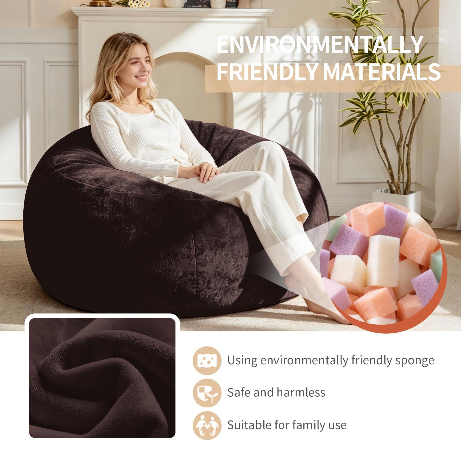 Hommoo 4FT Bean Bag Chair, Memory Foam Filling Soft Sofa with Flannel Cover, Round Sofa for Living Room, Bedroom, College Dorm, Brown