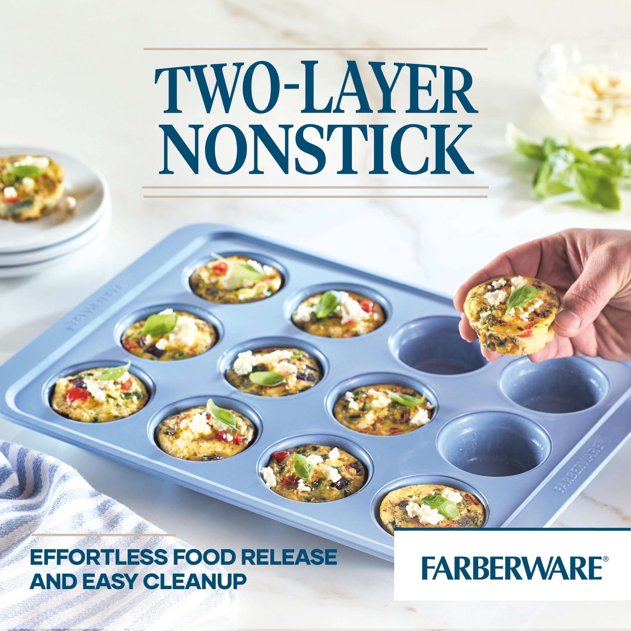 Farberware Easy Solutions 12 Cup Nonstick Bakeware Muffin Pan, Dishwasher Safe and Oven Safe to 450°F, Blue