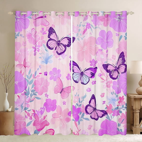 Erosebridal Flying Butterflies Black Out Curtains For Teens,Girls Spring Garden Flowers Curtains Pack of 2 (42x63 Each),Pink Purple