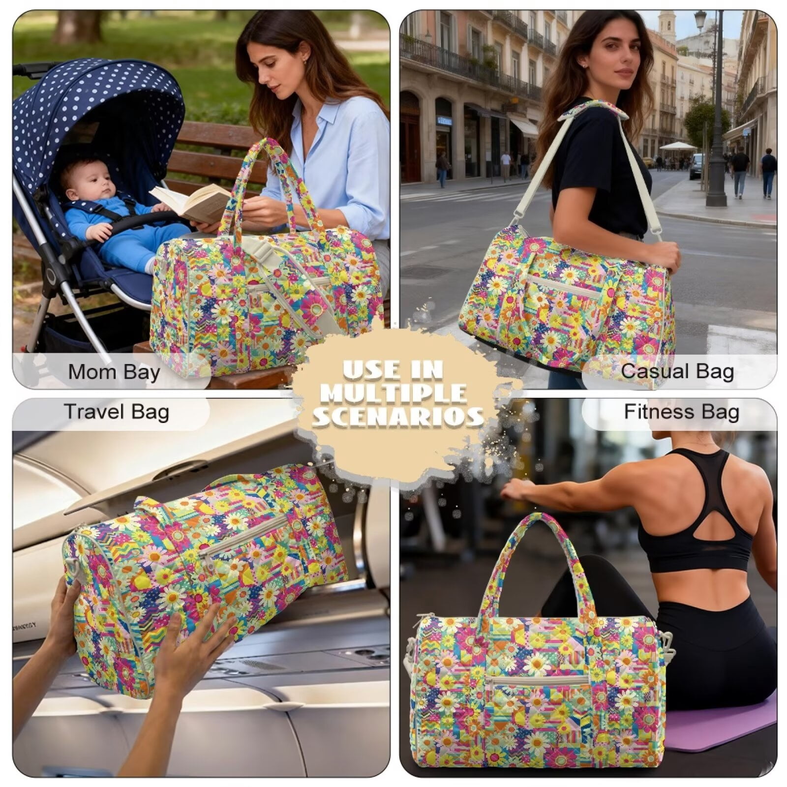 Garronmavis Large Quilted Duffle Bag for Women, Floral Pattern Weekender Bag Travel Overnight Bag, Carry On Gym Dance Tote with Zipper Pockets