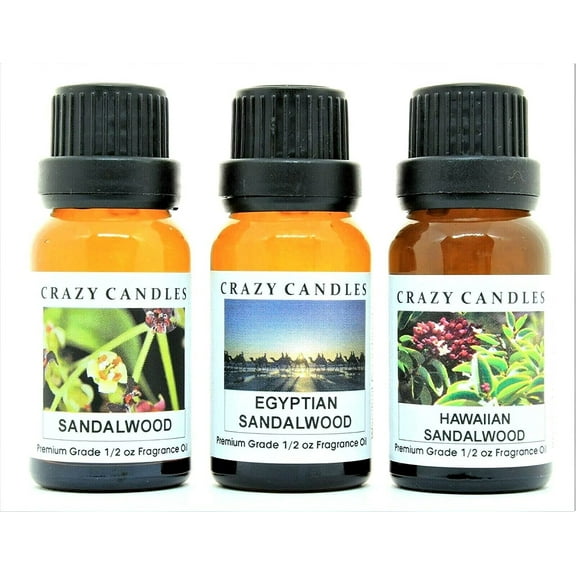 Crazy Candles 3 Bottles Set, 1 Hawaiian Sandalwood, 1 Sandalwood, 1 Egyptian Sandalwood 1/2 Fl Oz Each (15ml) Premium Grade Scented Fragrance Oils