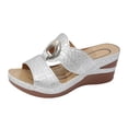 thumbnail image 5 of Rokment Women's Leopard Wedge High Heels Slip on Dress Sandals Trendy Casual Buckles Hollow out Leather Platform Chunky Heeled Slides Beach Summer Vacation Silver Size 9, 5 of 7