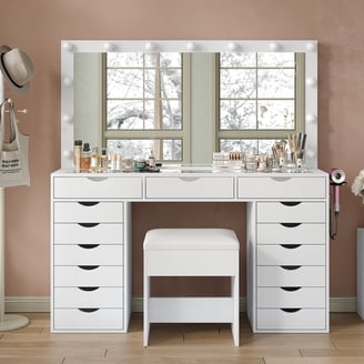 Yanosaku, Vanity Desk with LED Lighting, Mirror, and Storage