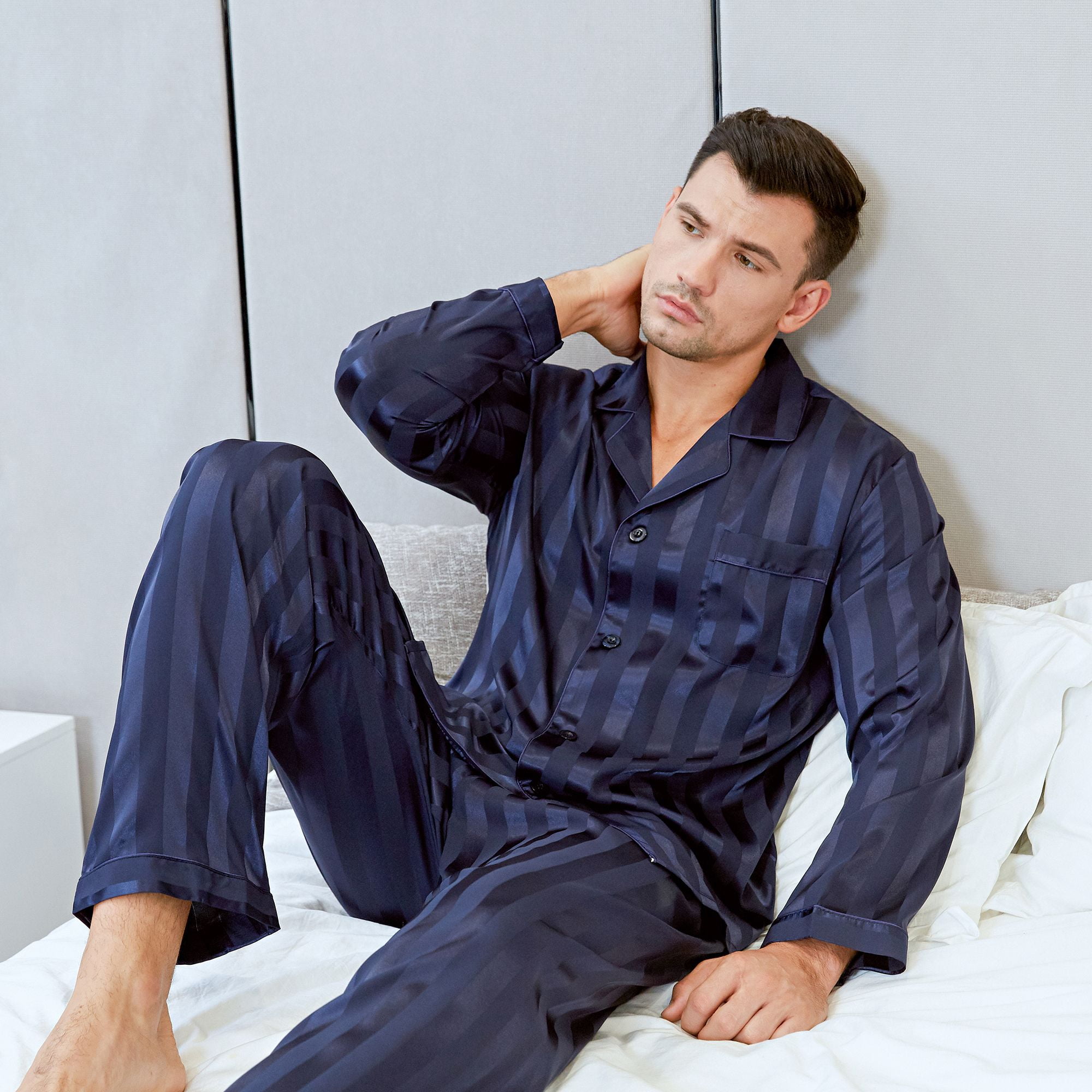 LONXU Men's Pajamas Long Sleeve Silk Satin Luxury Drawstring Nightwear