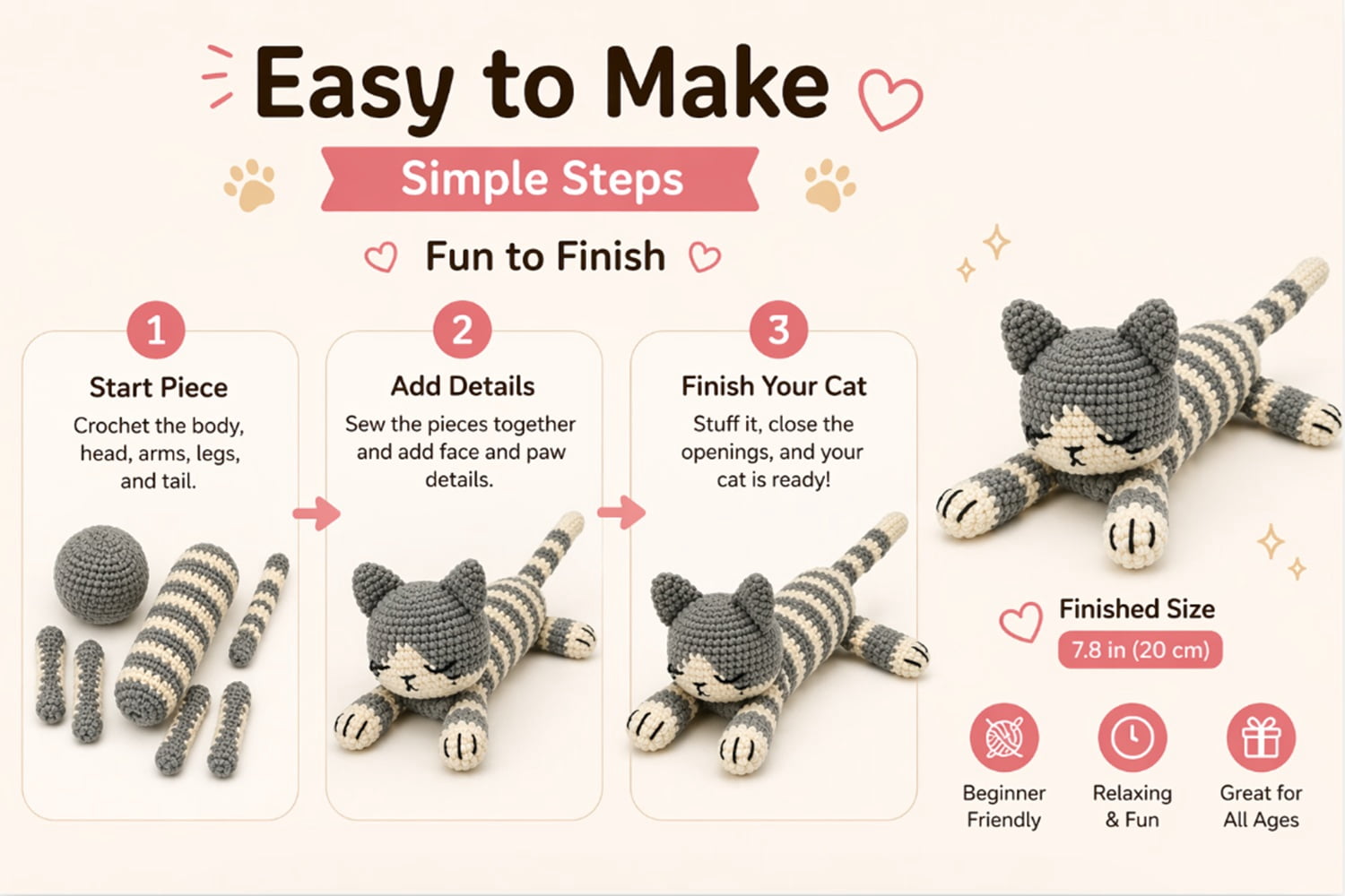 2 Pack Sleeping Cat Crochet Kit for Beginners, Cat Amigurumi Starter Set with Step by Step Video Tutorial, TIKA