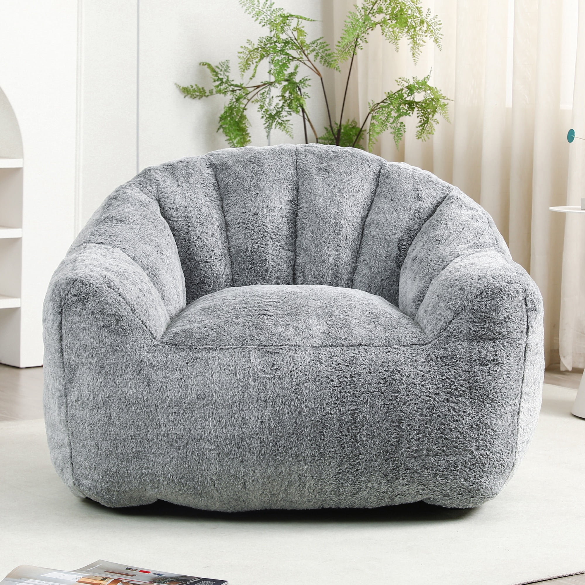 PAPROOS Oversized Bean Bag Chair for Adults, Dark Gray Faux Fur Memory Foam Bean Bag Sofa, Pre-Filled Comfy Lazy Sofa Chair with Removable Cover for Living Room Bedroom Dorm