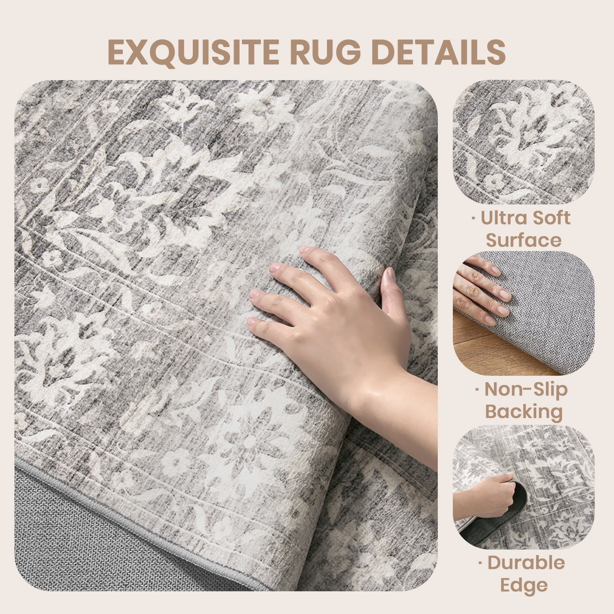 Roxstand 5x7 Area Rugs for Living Room, Stain Resistant Floral Vintage Washable Rugs, Non-Slip Thin Farmhouse Grey Rugs(5'x7', Grey)
