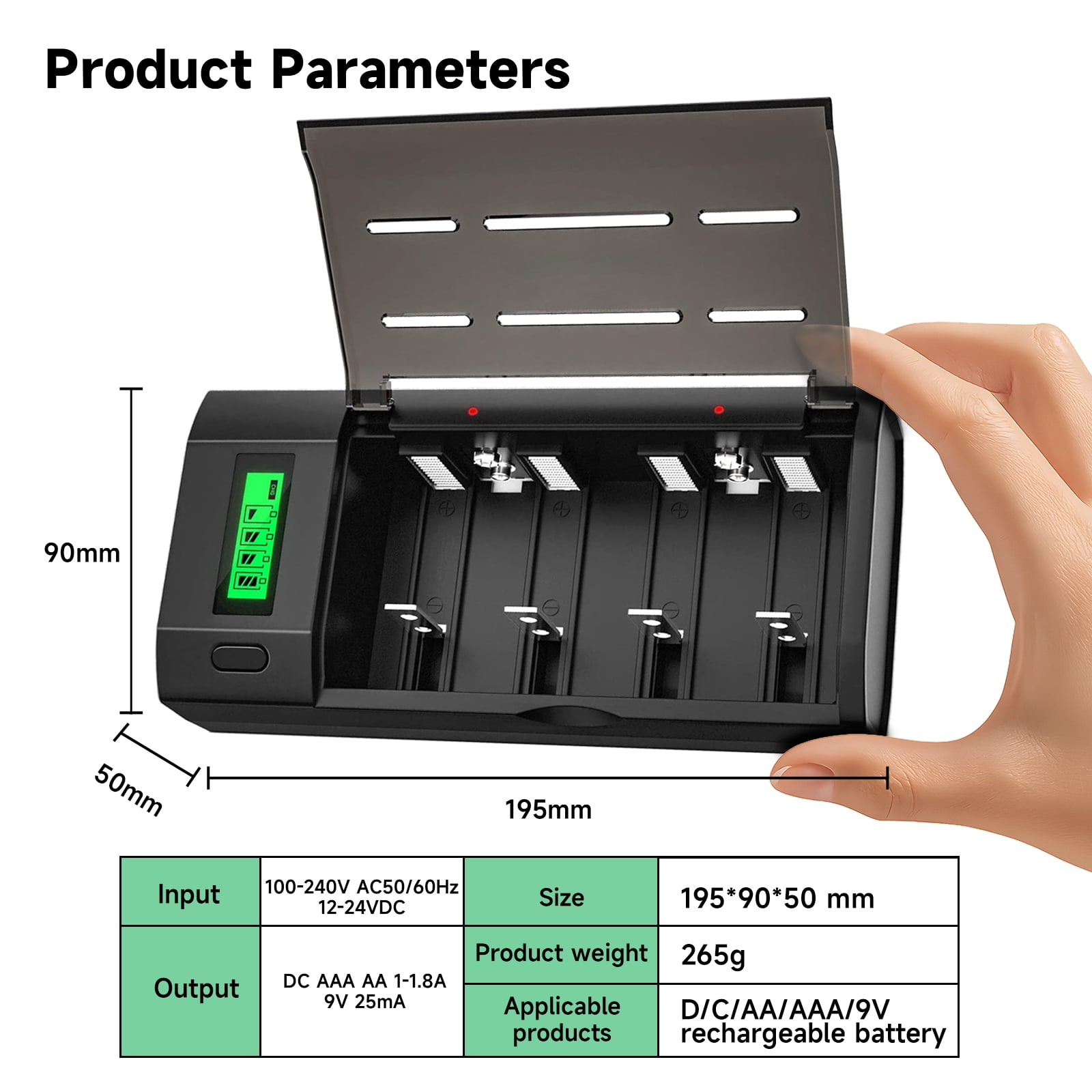 4 C Size High Capacity Low Self Discharge 1.2v Ni-MH Rechargeable Batteries with 4 Bay Smart Intelligent LCD Display Battery Charger For 1.2V AA AAA C D Size 9V Ni-MH Ni-CD Rechargeable Battery