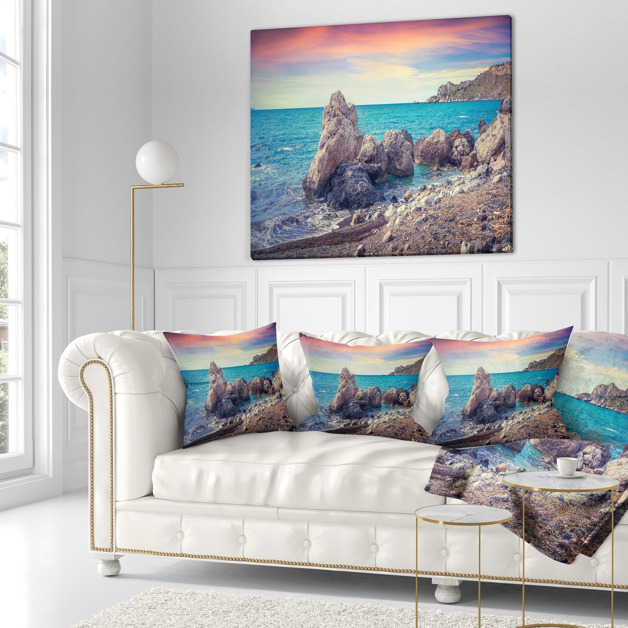 Designart Sunrise in Spring Panorama - Seashore Photo Throw Pillow - 18x18
