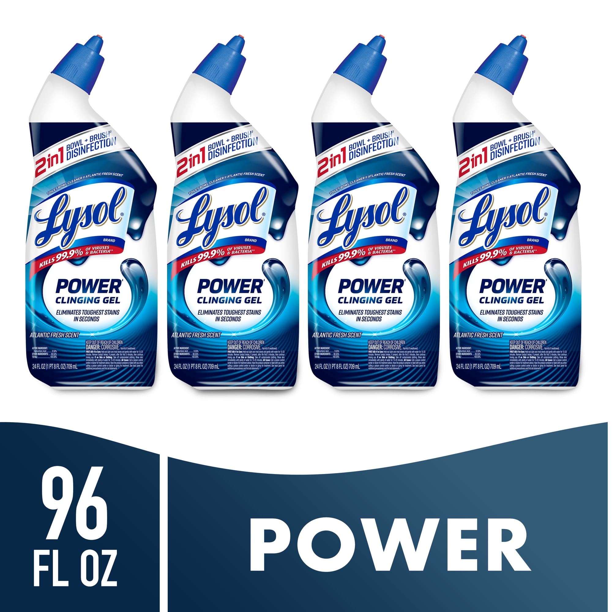 Lysol Toilet Bowl Cleaner Clinging Gel, Power, Disinfecting Bathroom Cleaner and Toilet Bowl Stain Remover, 24 oz (4 Pack)