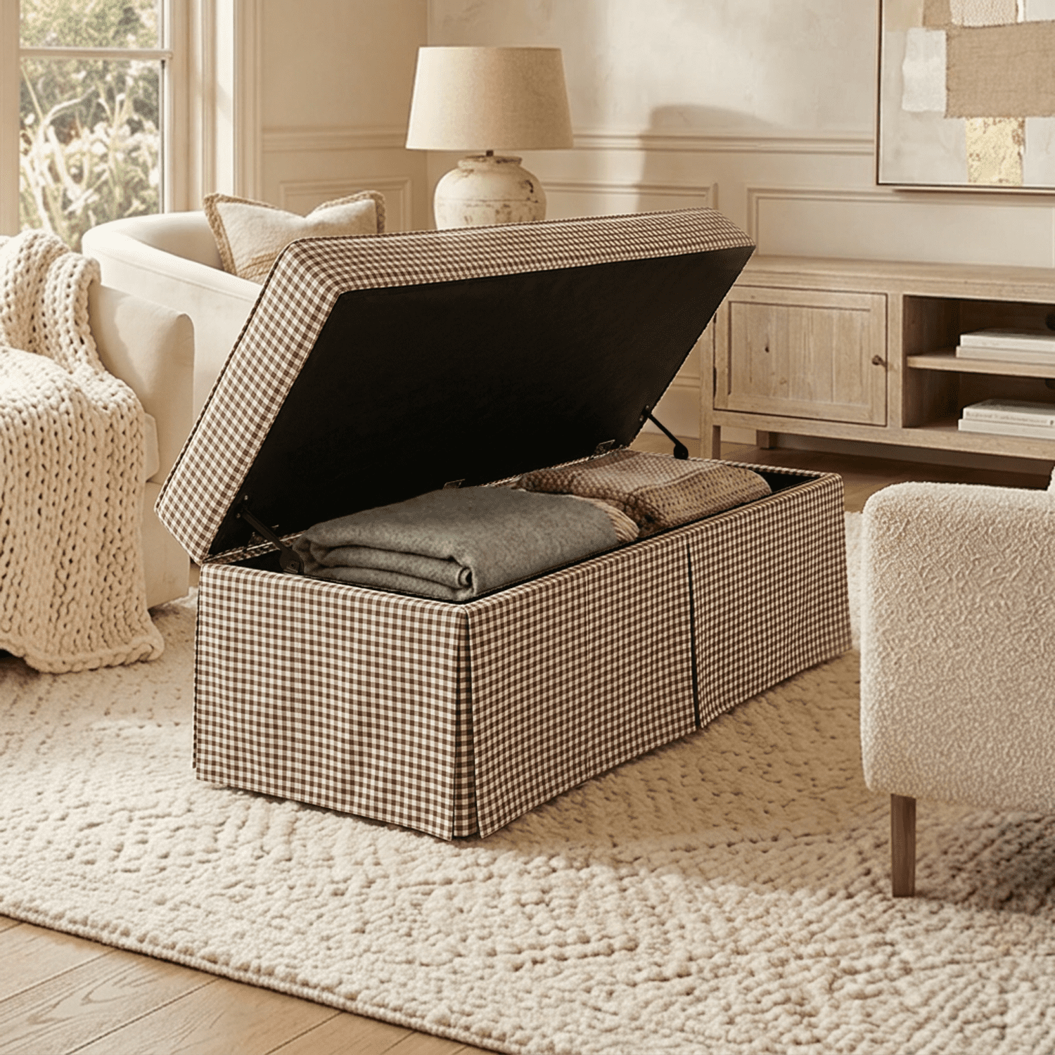 My Texas House Clementine Skirted Upholstered Bench with Gingham Pattern
