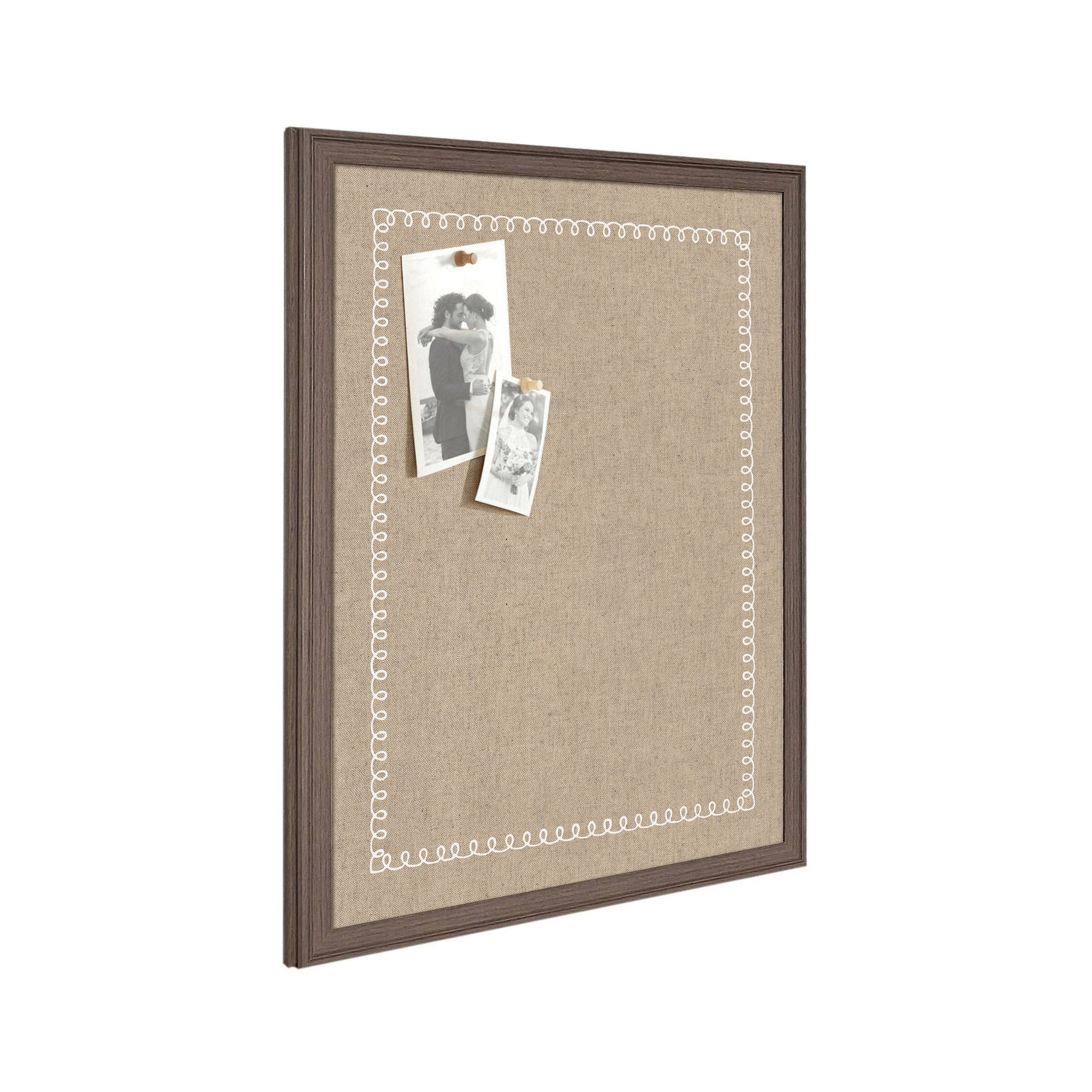 Kate and Laurel Framed Fabric Pinboard 26 x 20, White Scalloped Edge Printed Linen Classic Bulletin Board for Use as a Vision Board or Wall Organization, Florence Medium Brown Frame