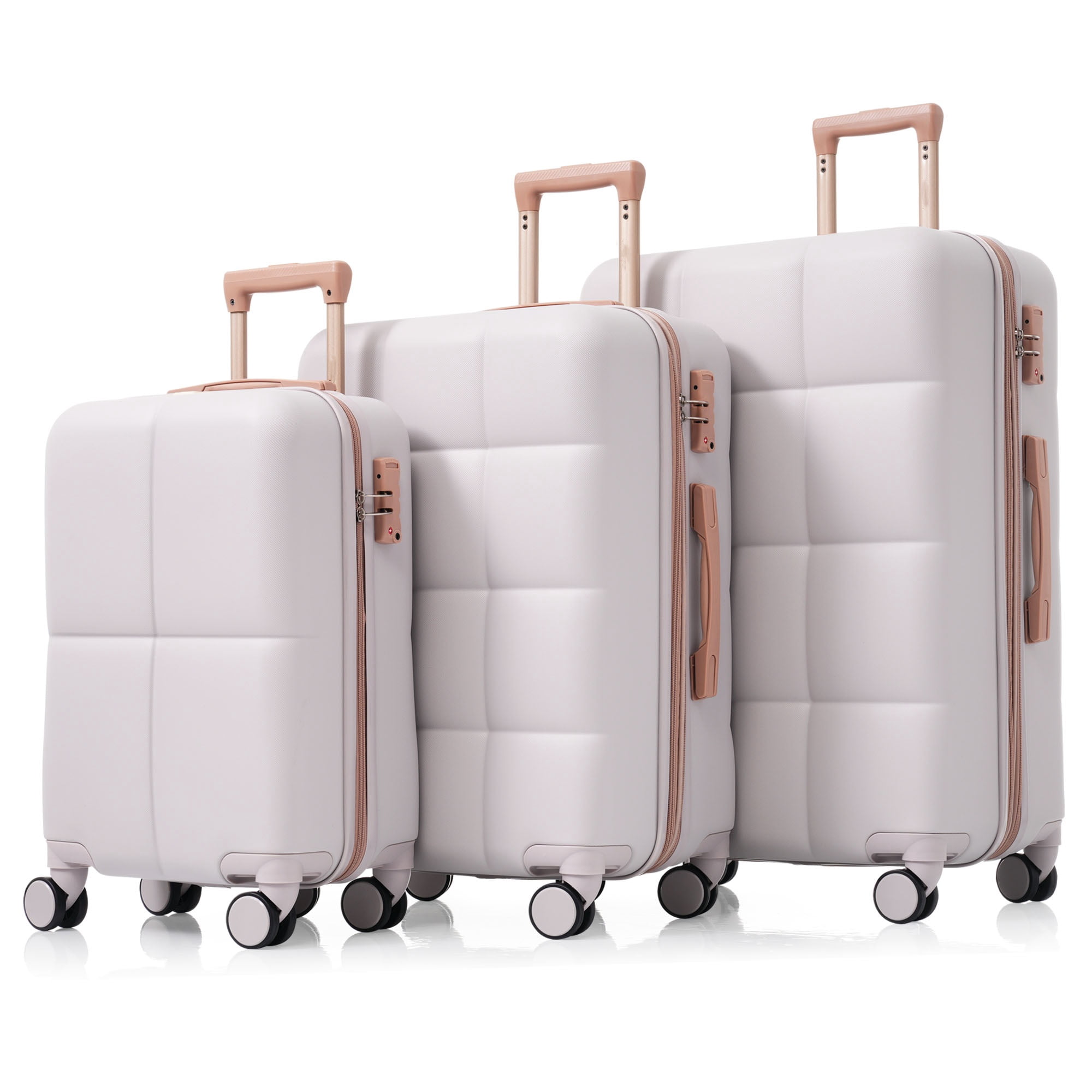 Aukfa Luggage Set, 3 Piece Expandable Hardshell Suitcase with USB Port and Cup Holders, Spinner Wheels, Ivory