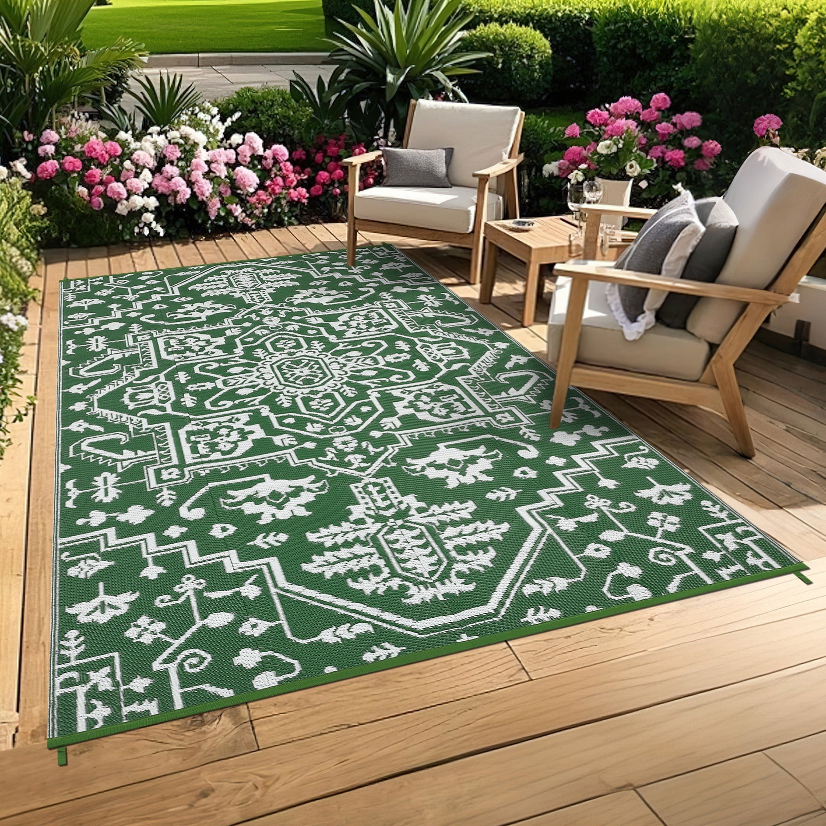 Garvee Large Waterproof Outdoor Rug, 9'x18' Reversible Plastic Straw Patio Rug Vintage Boho Camping Rugs UV-Resistant Outdoor Carpet for RV, Porch Deck Backyard Balcony, Green