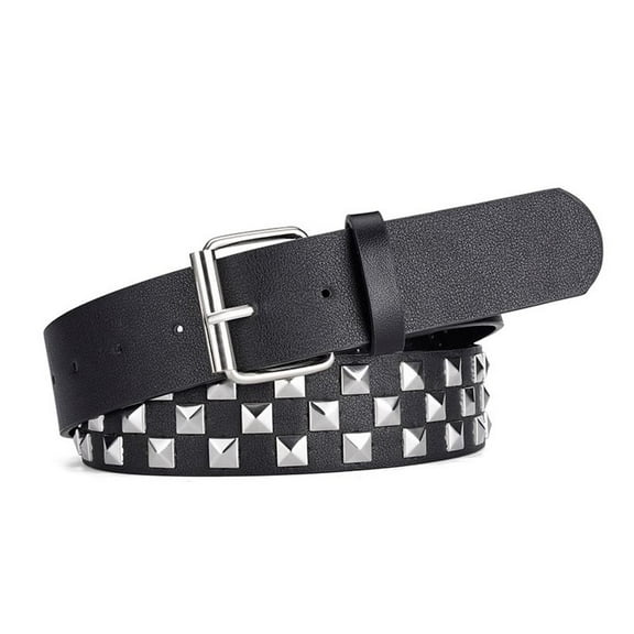 SWSMCLT Women's Checkerboard Punk Rock Style Faux Leather Belt Casual Fashion Thick Studded Belts Black X-Small-Large